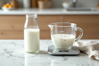 Verre doseur avec 125 ml de lait entier pos&eacute; sur un plan de travail en marbre blanc &agrave; c&ocirc;t&eacute; d'une balance de cuisine num&eacute;rique affichant 125 grammes