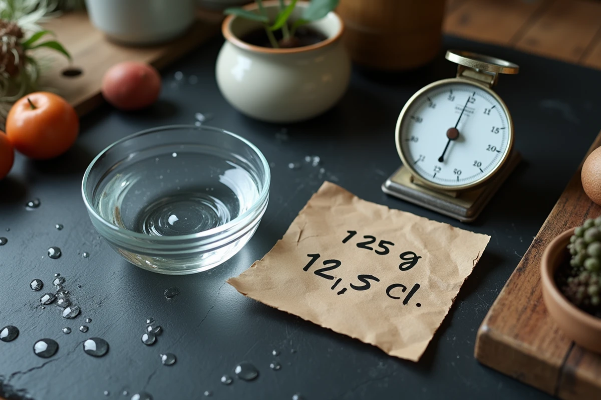 Vue de dessus d'une balance vintage indiquant 125 grammes d'eau avec une note manuscrite indiquant la conversion en centilitres sur une surface en ardoise