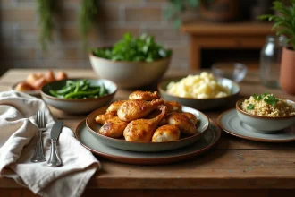 Table rustique avec poulet rôti et accompagnements économiques comme purée, haricots verts et riz pilaf sur assiettes en céramique