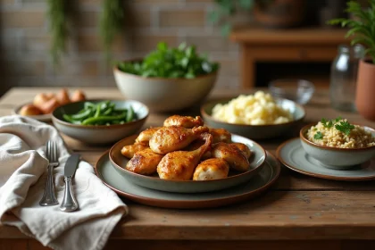 Table rustique avec poulet rôti et accompagnements économiques comme purée, haricots verts et riz pilaf sur assiettes en céramique
