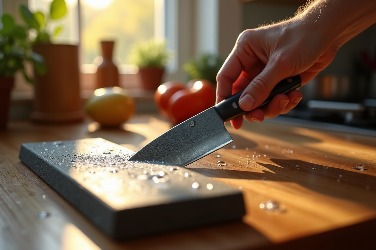 Gros plan sur un couteau aiguisé sur une pierre à aiguiser en cuisine