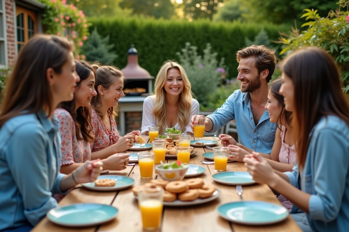 Amis d&eacute;gustant un brunch en plein air dans un jardin