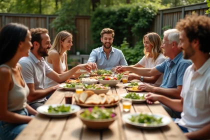 Groupe d'amis autour d'une table de jardin en &eacute;t&eacute;