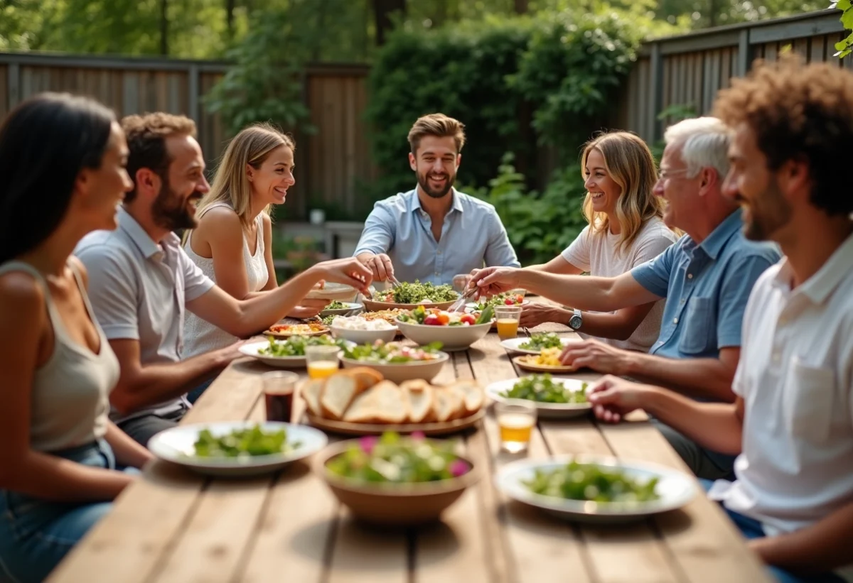 Groupe d'amis autour d'une table de jardin en été