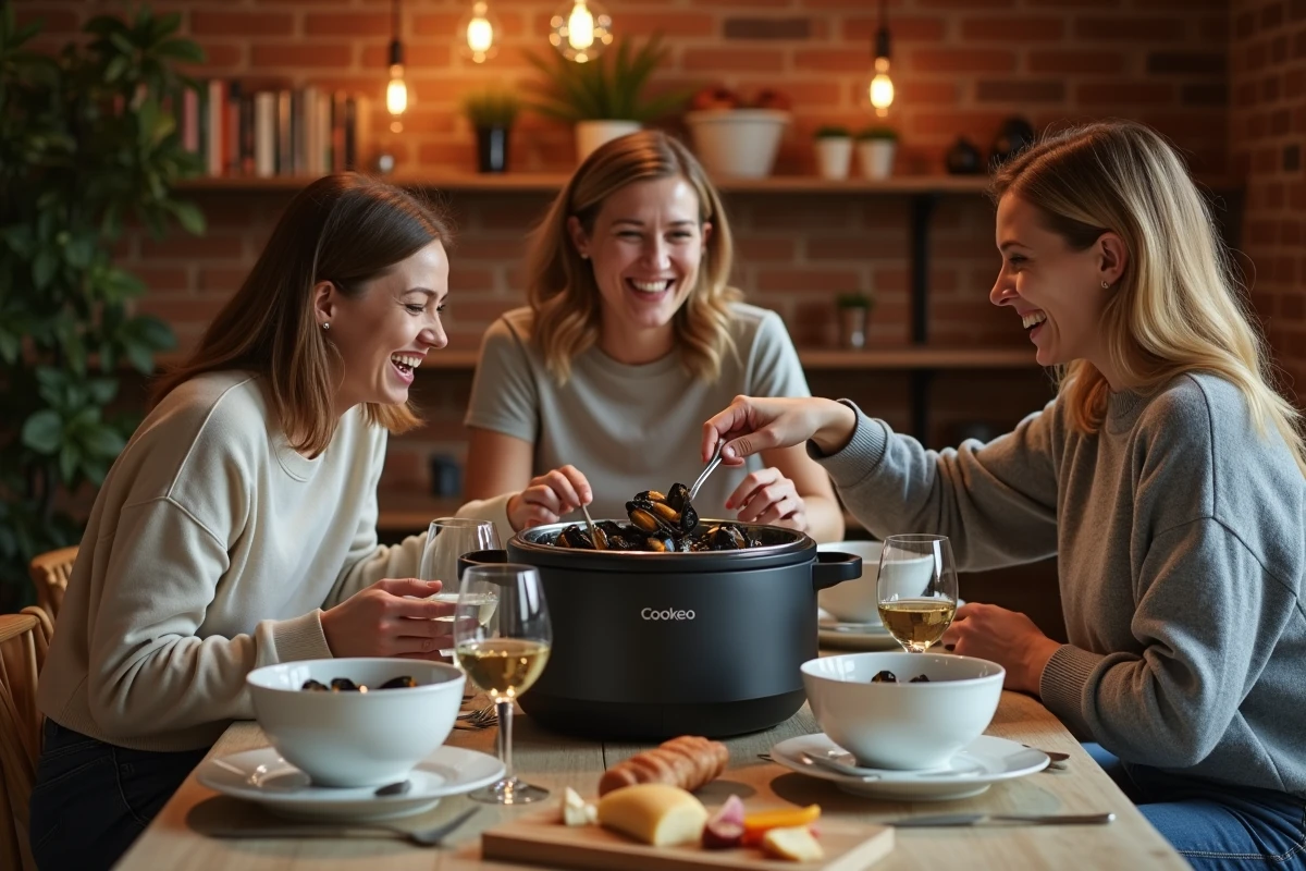 Groupe d'amis autour d'une table en train de se servir des moules préparées au Cookeo lors d'une soirée conviviale à la maison