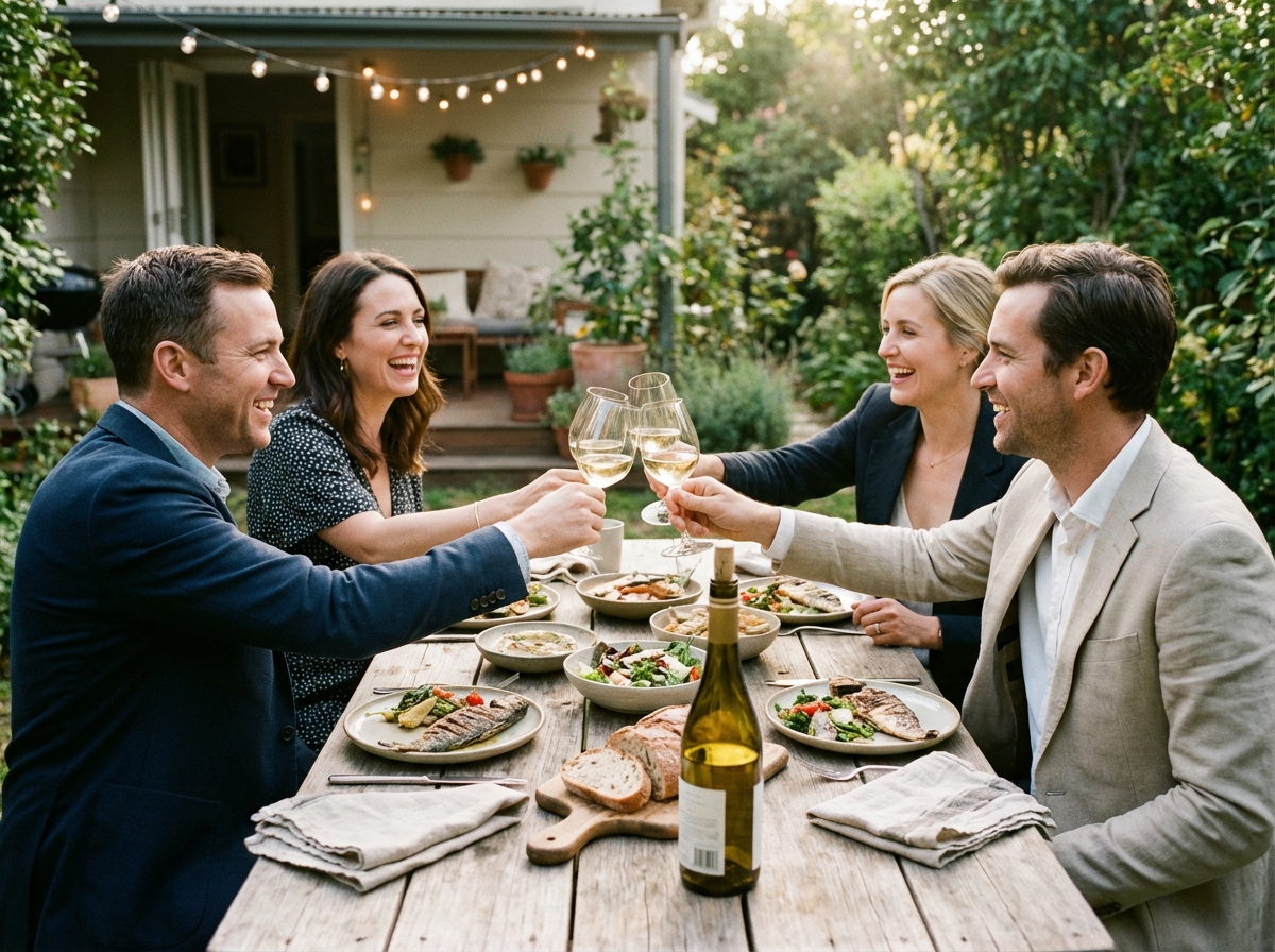 Groupe d amis trinquant avec du vin blanc lors d un repas en plein air