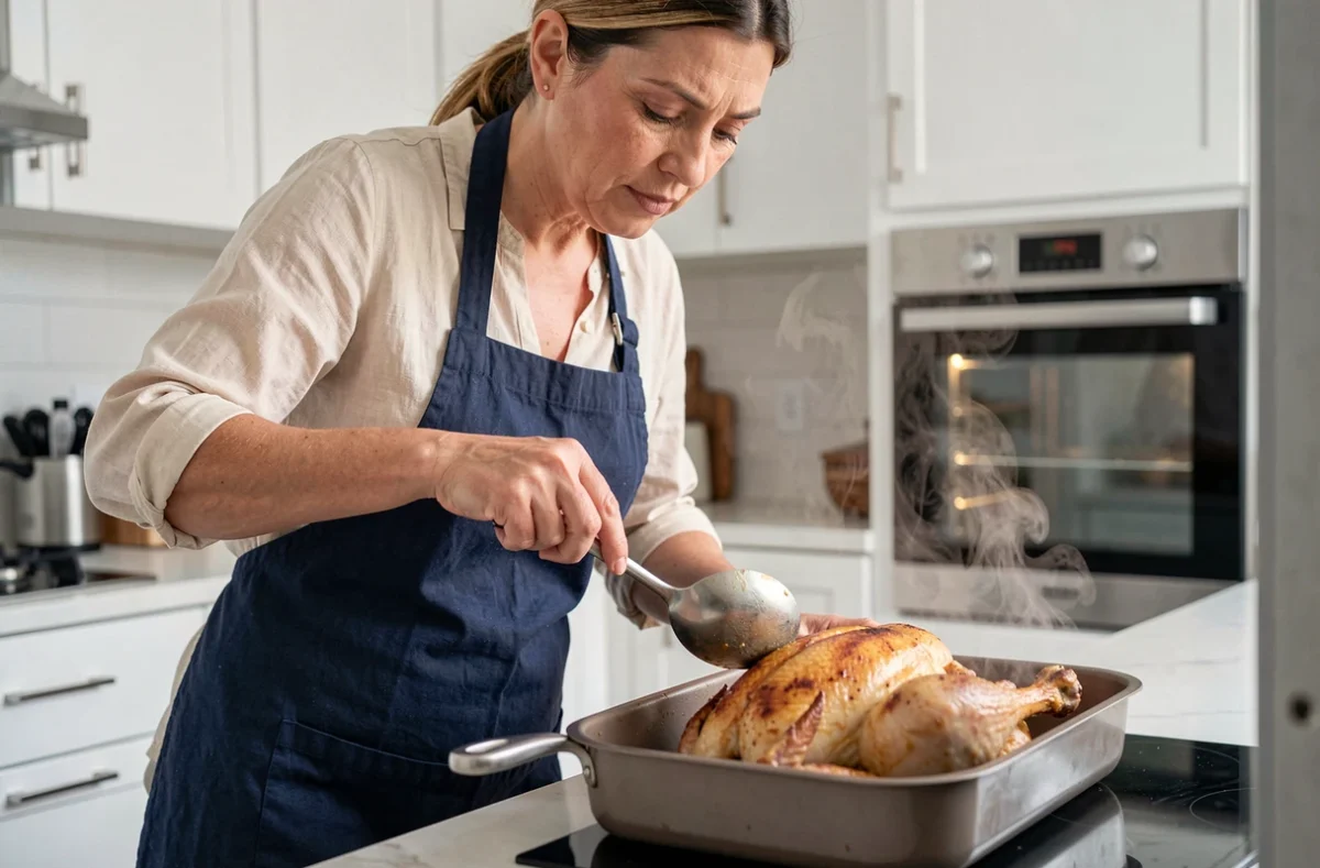 Femme arrosant un poulet rôti au four pour qu'il reste juteux pendant la cuisson