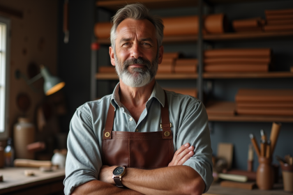 Artisan homme avec tablier en cuir dans son atelier