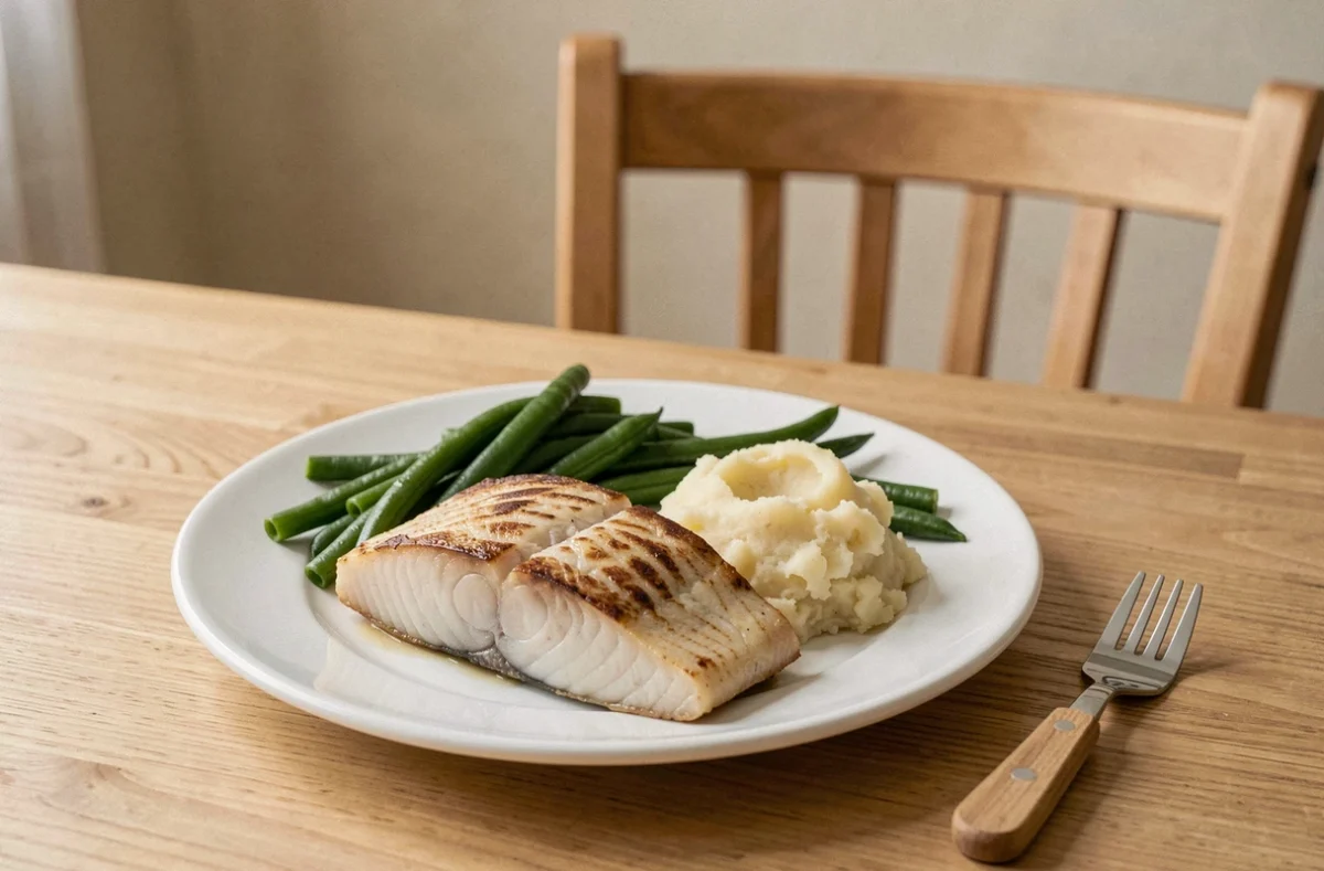 Assiette de dos de cabillaud au four avec purée et haricots verts, repas sain et sans arêtes pour enfant