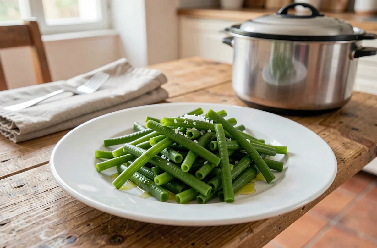 Assiette de haricots verts cuits à la cocotte minute, croquants et bien verts, assaisonnés d'huile d'olive
