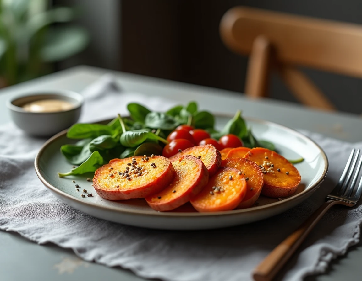 Assiette de patate douce avec épinards et tomates cerises sur set de table en lin gris, alternative rapide aux pâtes pour le dîner