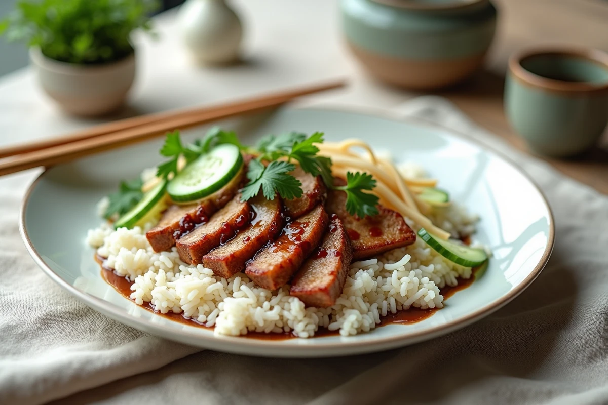 Assiette de riz avec tranches de porc rôti asiatique garnies de concombre et coriandre fraîche