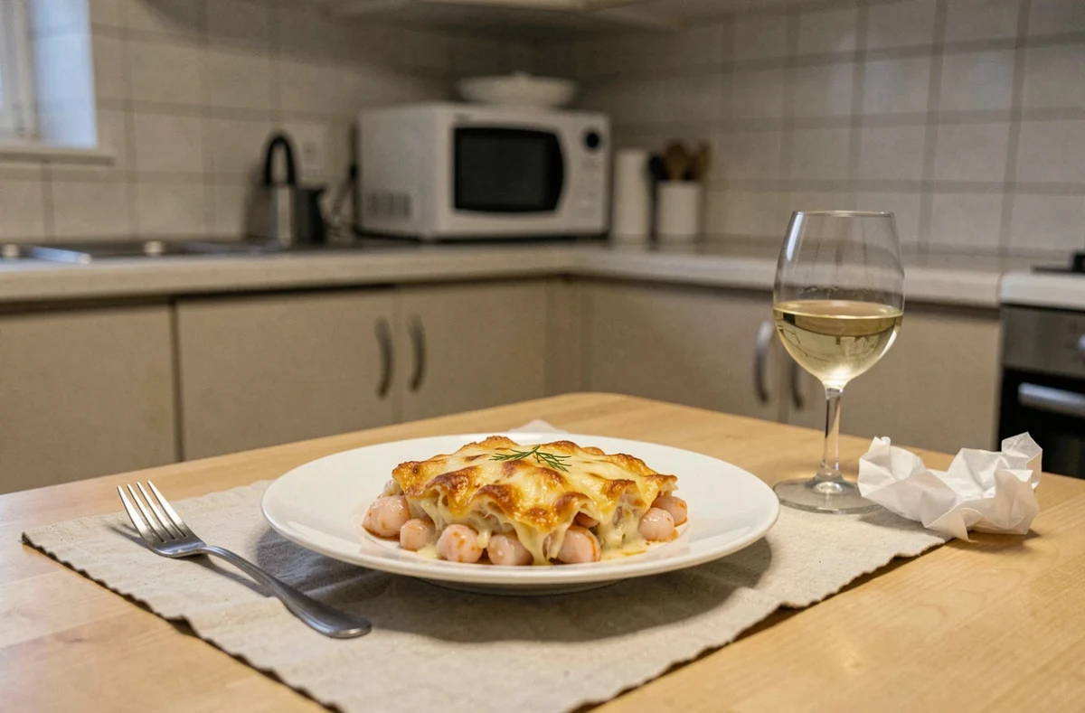 Assiette de surimi gratiné servi chaud lors d'un dîner rapide en semaine avec verre de vin blanc