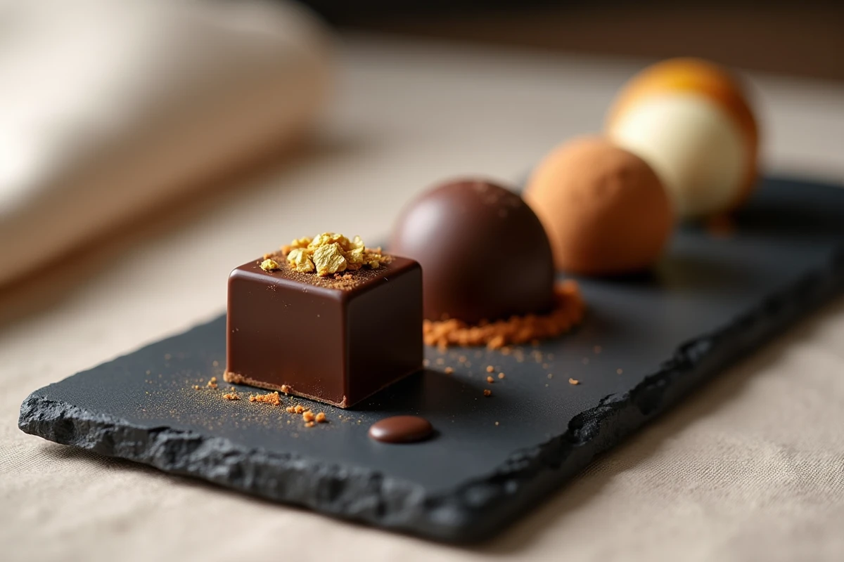 Assortiment de chocolats artisanaux style Dubaï avec feuille d'or et pistache sur une ardoise, parfait pour offrir en entreprise