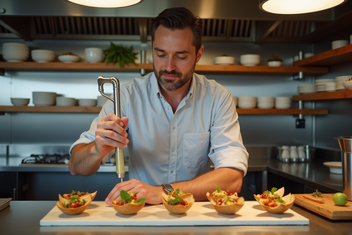 Jeune homme en classe de cuisine avec siphon et amuse-bouches