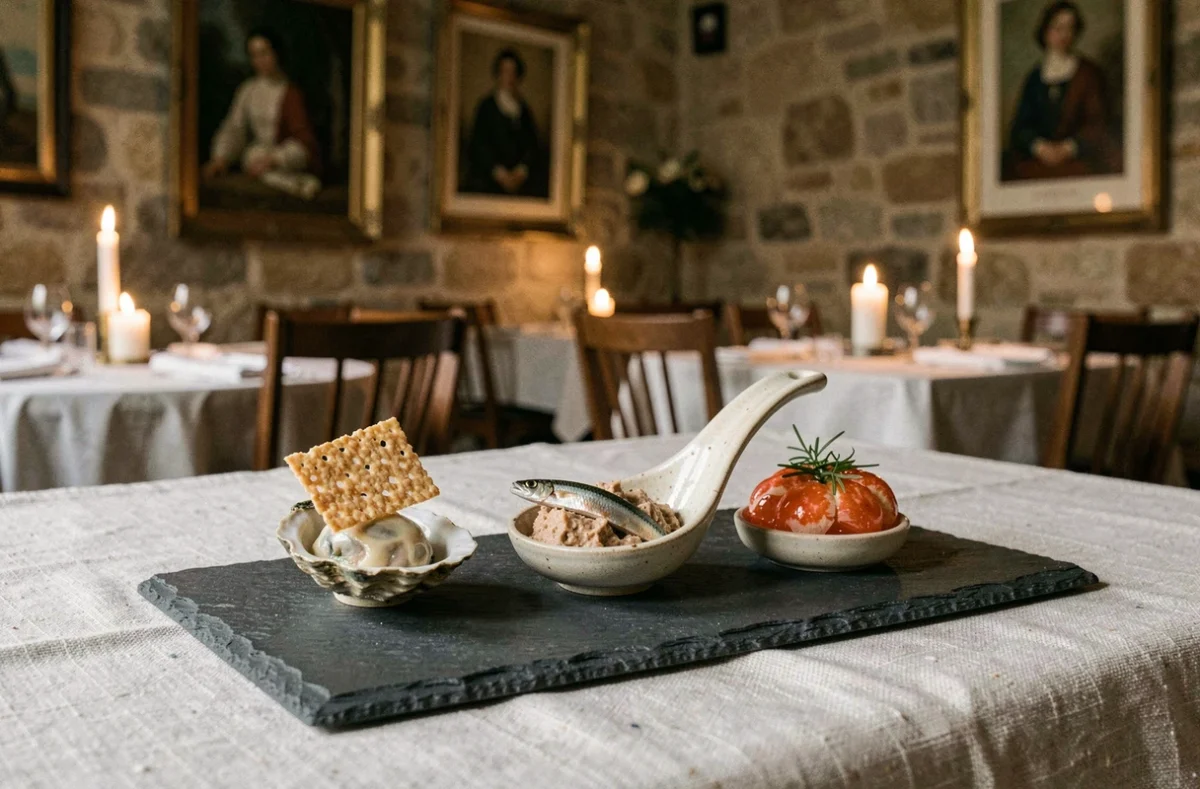 Amuse-bouches bretons raffinés à l'Auberge des Glazicks à Plomodiern dressés sur une ardoise avec huître et crabe