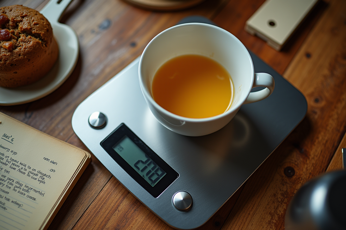 Balance numérique affichant 200 grammes avec tasse à côté
