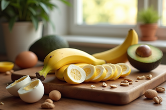 Banane tranchée sur planche en bois avec aliments keto