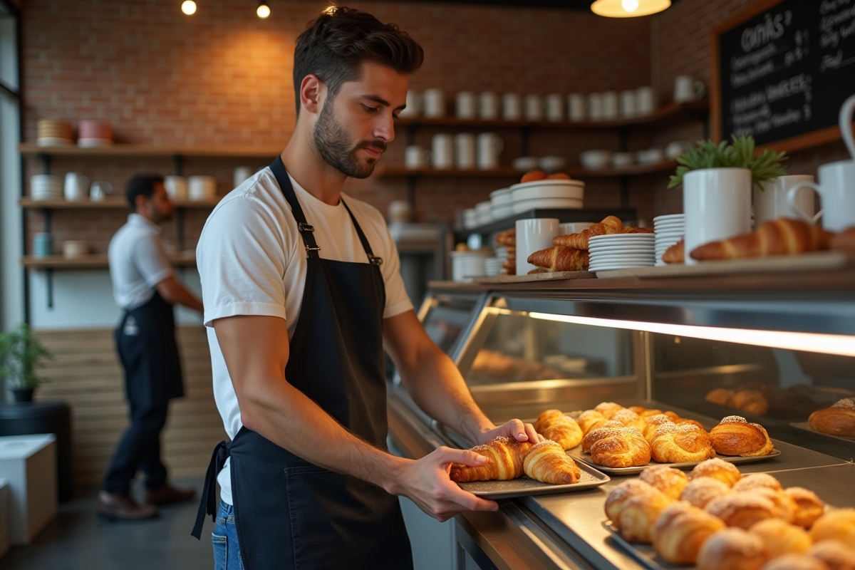 Jeune barista arrangeant des viennoiseries dans un café