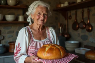 Femme bretonne en costume traditionnel tenant un quatre quart