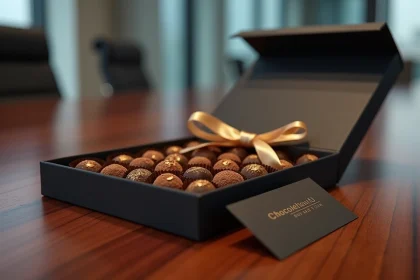 Boîte de chocolats de luxe style Dubaï ouverte sur une table de réunion en bois poli, idéale pour le corporate gifting