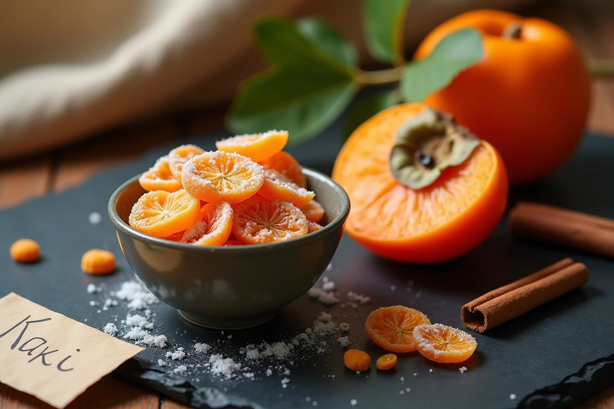 Bol de kaki séché et kaki frais coupé en deux sur ardoise, comparaison nutritionnelle et visuelle des deux formes du fruit