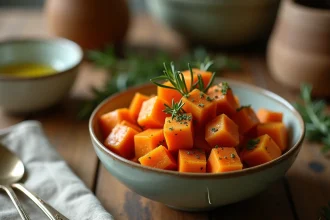 Bol de patate douce rôtie aux herbes fraîches sur une table en bois, recette rapide et saine pour remplacer les pâtes en semaine