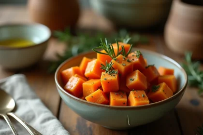 Bol de patate douce rôtie aux herbes fraîches sur une table en bois, recette rapide et saine pour remplacer les pâtes en semaine