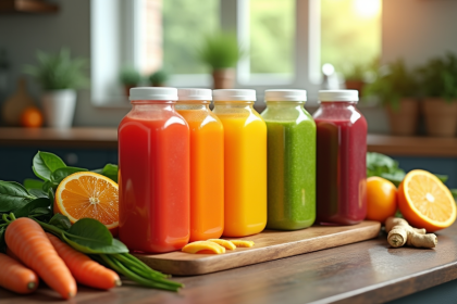 Plusieurs bouteilles de jus detox colorés sur une table en bois avec fruits