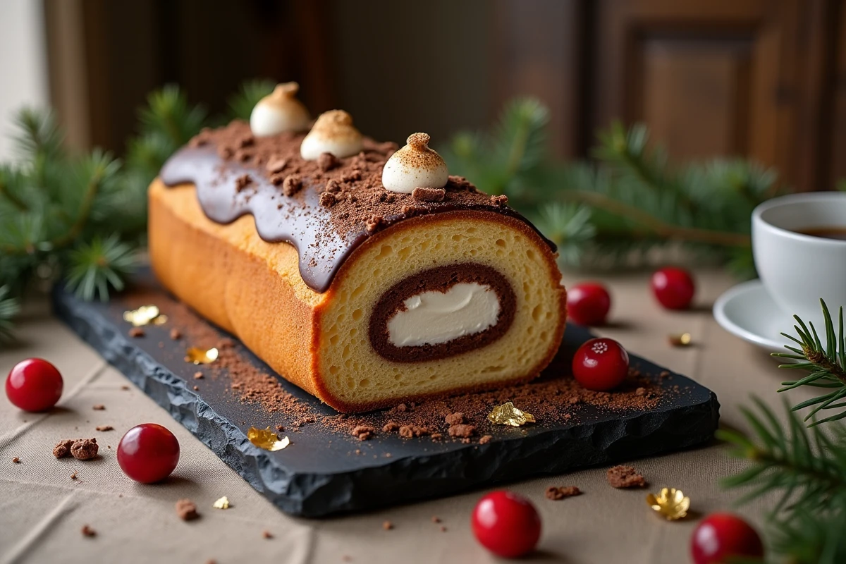 Bûche de Noël raffinée avec mousse réalisée à base de pâte à bombe, décorée de copeaux de chocolat et de feuilles d'or comestibles