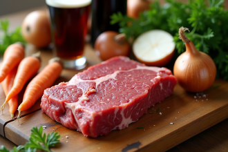 Viande fraîche avec oignons carottes bière et herbes sur plan de travail