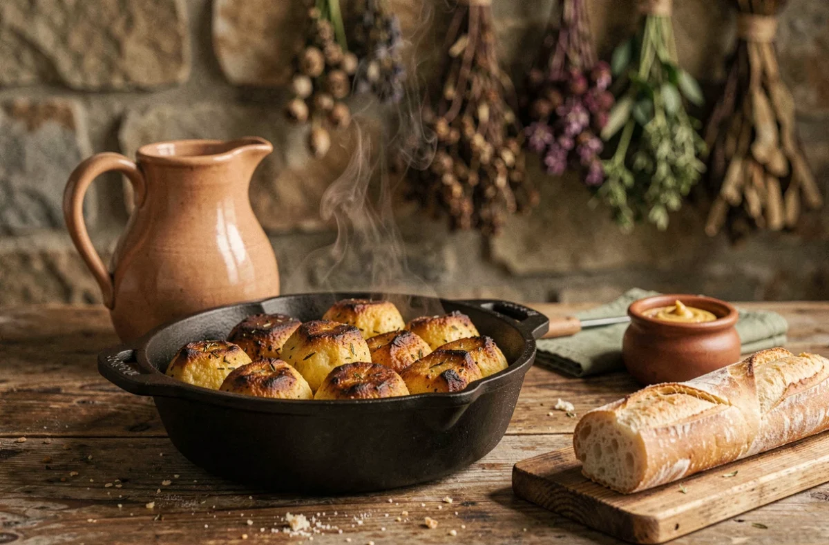 Caillettes ardéchoises dorées et fumantes dans un plat en fonte sur une table de ferme avec pain et vin rouge