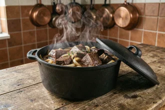 Carbonade flamande mijotant dans une cocotte en fonte avec une sauce à la bière dorée, oignons et bouquet garni, cuisine rustique de campagne belge
