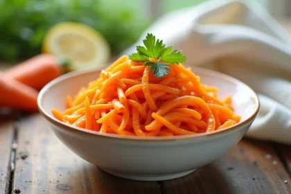 Salade de carottes râpées fraîches dans un bol en céramique blanche sur une table en bois rustique, garnie de persil et d'un filet de citron
