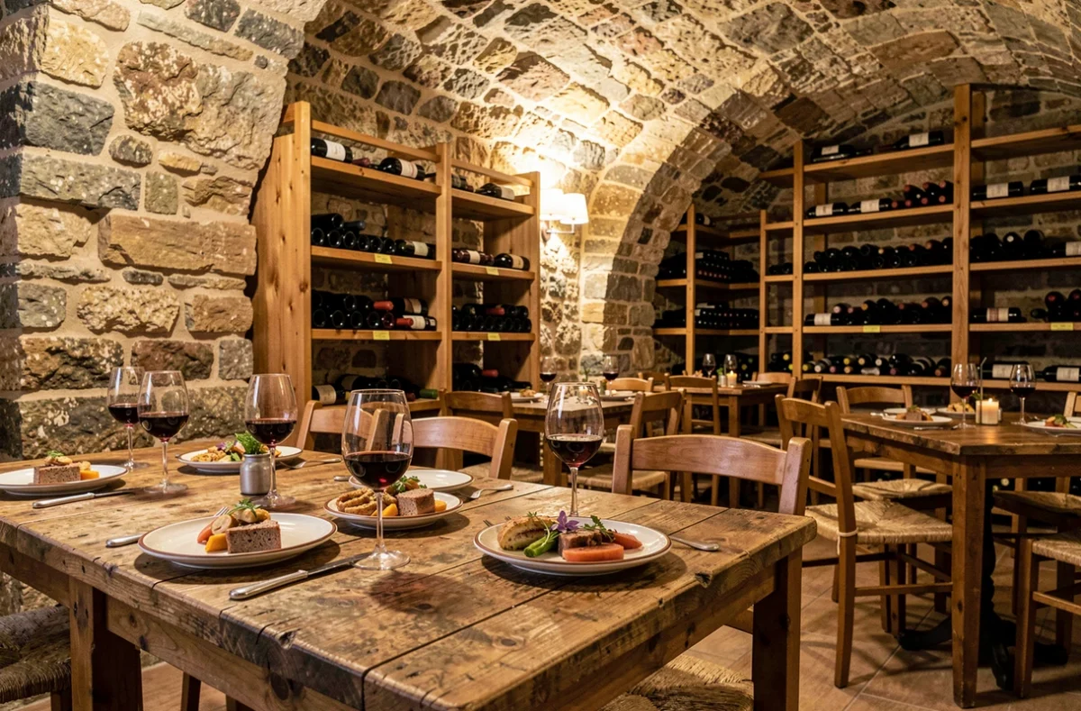 Cave-restaurant Les Caves Madeleine à Beaune avec murs en pierre calcaire et bouteilles de vin bourguignon