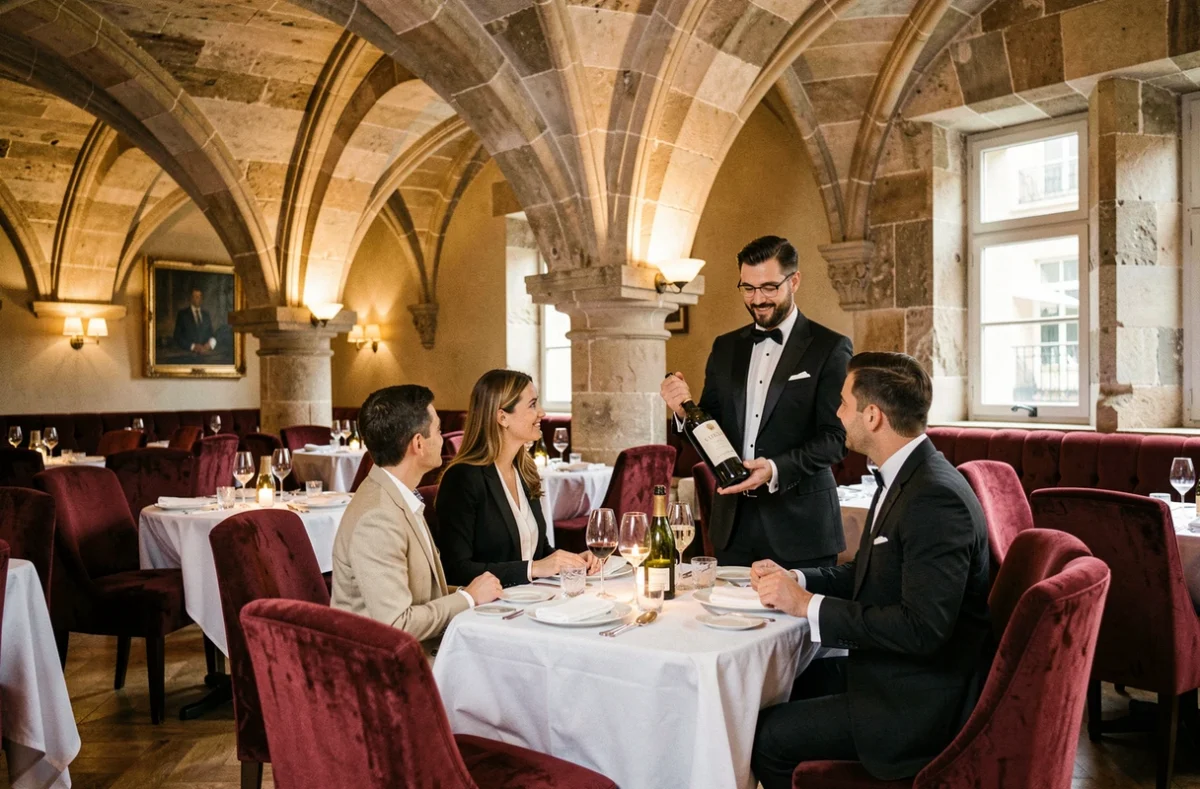 Salle de restaurant au Chapeau Rouge à Dijon avec voûtes en pierre et service de sommellerie élégant
