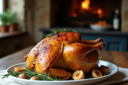 Chapon rôti entier sur un plat en céramique avec thym, ail rôti et échalotes caramélisées dans une cuisine rustique française