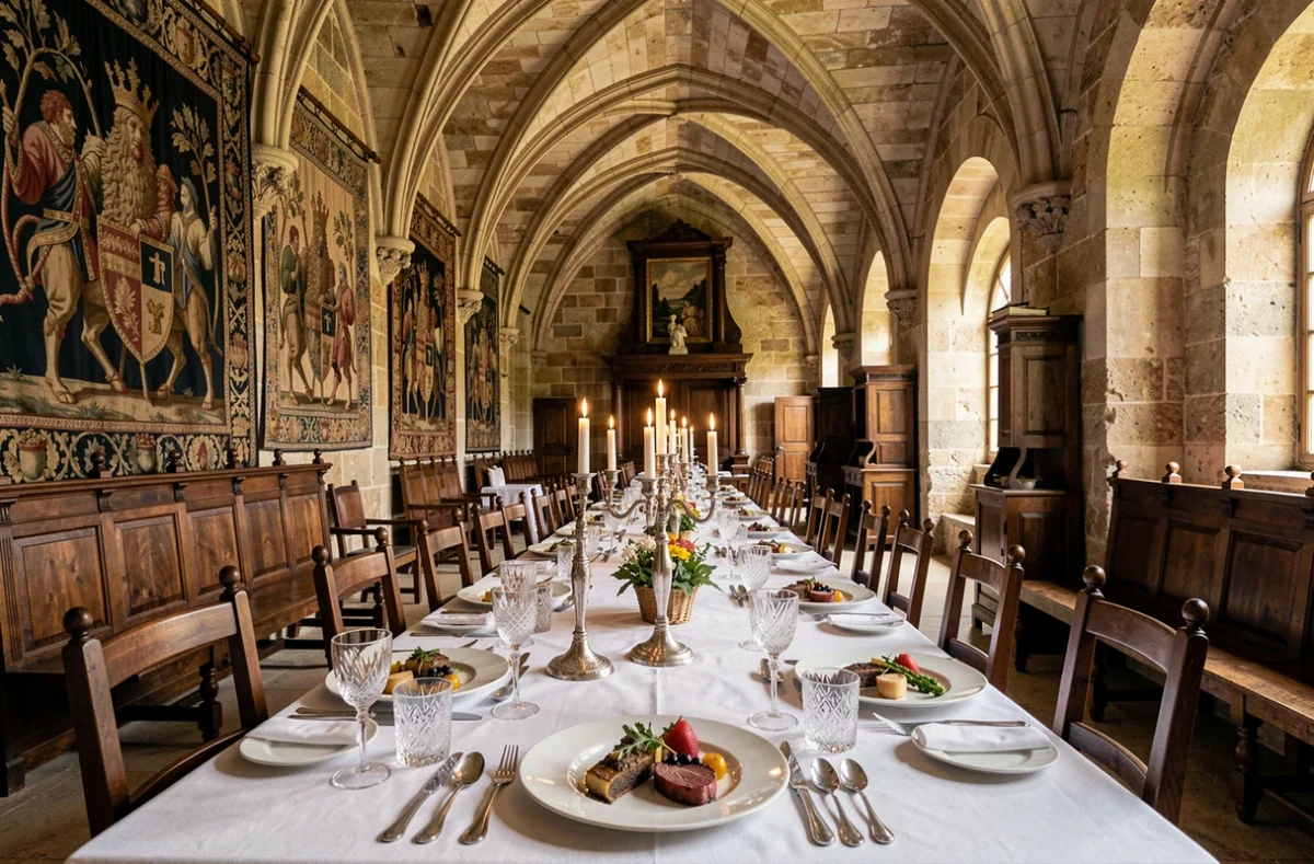 Salle de restaurant médiévale avec voûtes gothiques au Château de Gilly à Gilly-lès-Cîteaux dressée pour un repas gastronomique