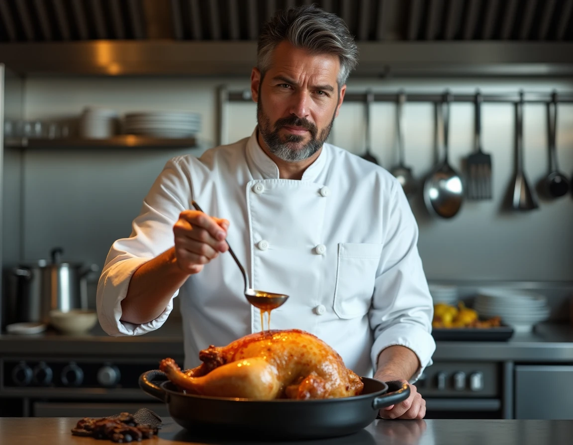 Chef professionnel arrosant un chapon dans une rôtissoire en fonte dans une cuisine de restaurant moderne