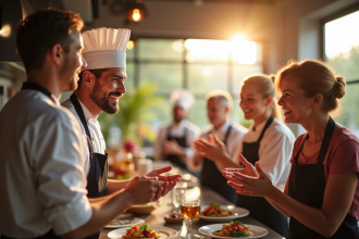 Chef souriant dans une cuisine moderne avec clients applaudissant