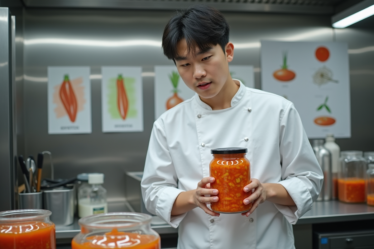 Chef coréen montrant un bocal de kimchi à un groupe