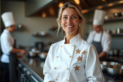 Femme chef confiante en uniforme dans une cuisine professionnelle