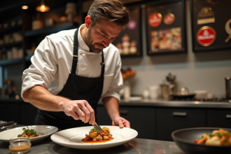 Chef distingué en cuisine moderne et élégante en train de dresser un plat gastronomique