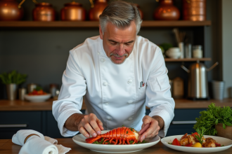 Chef en cuisine préparant un homard avec légumes de saison