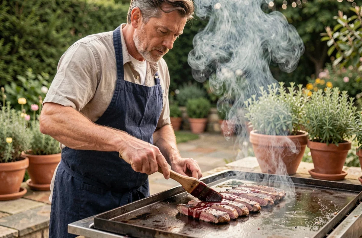 Chef marinant des lanières de chevreuil à la plancha dans un jardin d'été