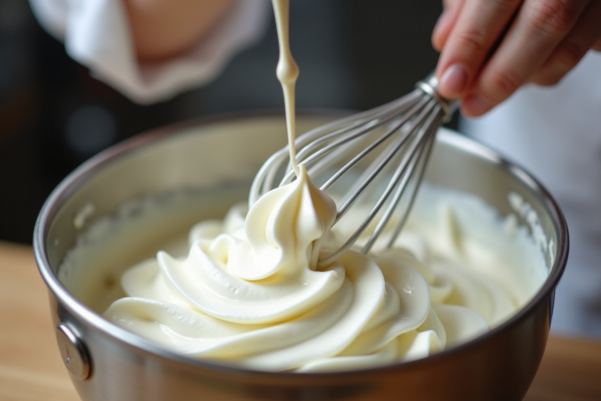 Chef fouettant la crème vanille dans un bol en acier inoxydable