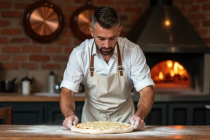 Chef artisan étalant une pâte à pizza dans une pizzeria traditionnelle avec four à bois, illustrant le savoir-faire de mypizzadoor face aux dark kitchens