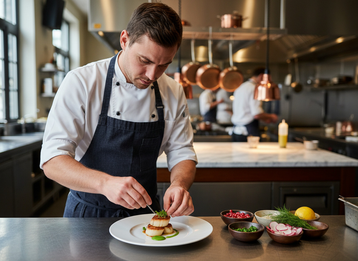 Jeune chef en cuisine préparant un plat avec passion