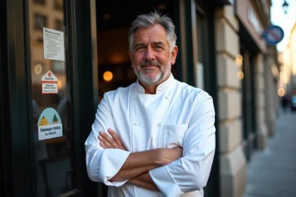 Chef d age moyen devant un restaurant fermé