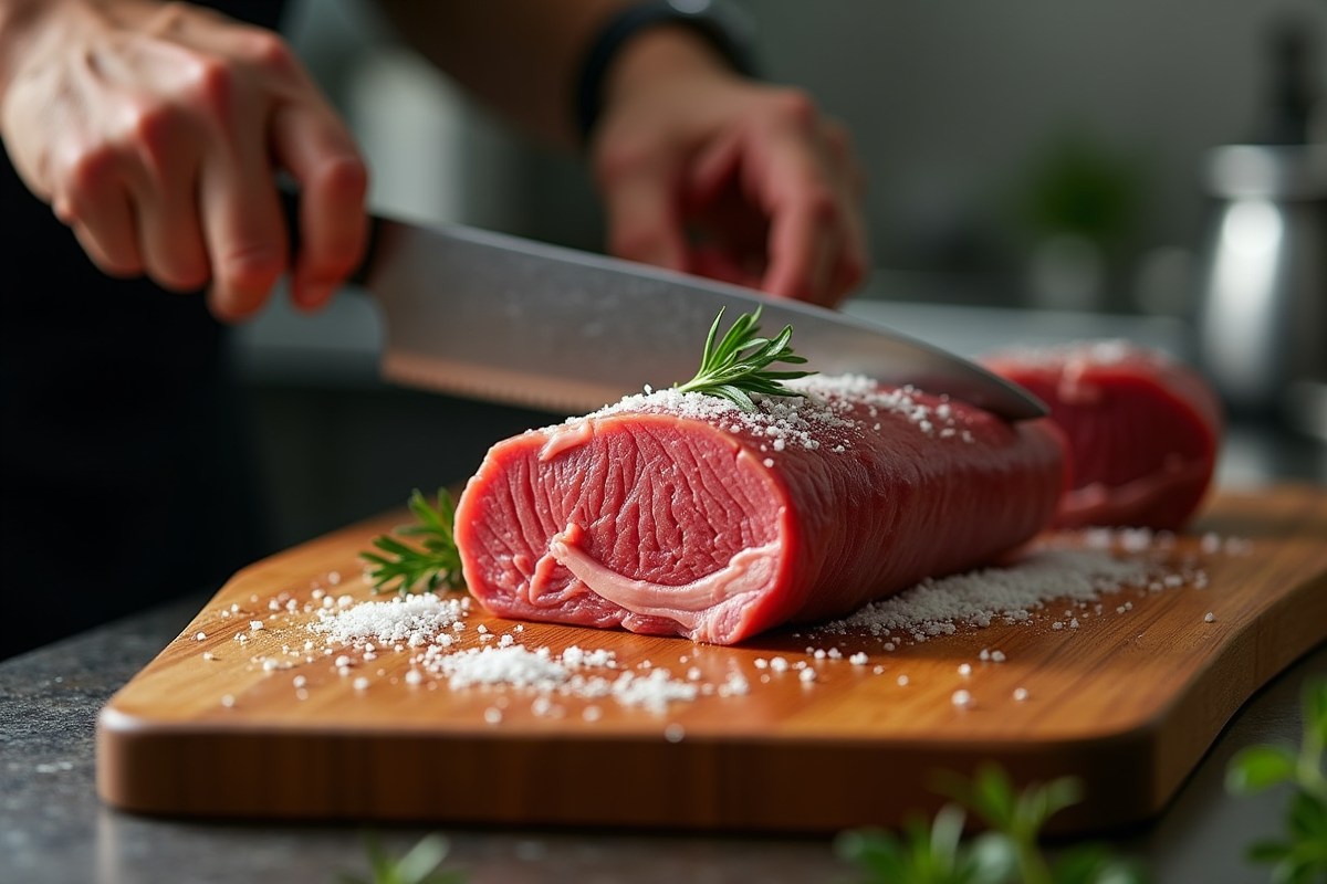 Chef tranchant un morceau de bœuf dans une cuisine lyonnaise moderne